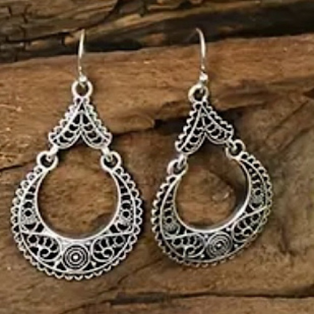 Antique silver 1 3/4” BOHO Tribal lightweight swirl rounded flat dangle earrings